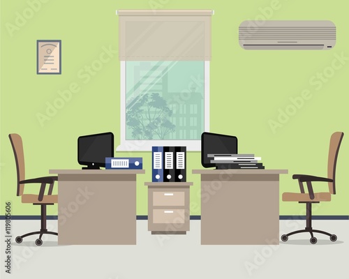 Workplace for two office workers. Vector illustration. On the picture the tables, a chairs, conditioner, the computers, folders and other objects in beige colors are situated on a window background