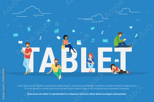 Tablet pc concept illustration of young people using pda for social networking and websites usage. Flat design of guys and young women standing near big letters tablet with social media symbols