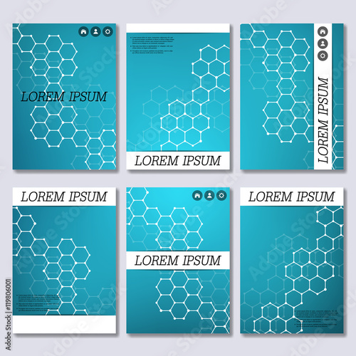 Set of business templates for brochure, flyer, cover magazine in A4 size. Structure molecule DNA and neurons. Geometric abstract background. Medicine, science, technology. Vector illustration.