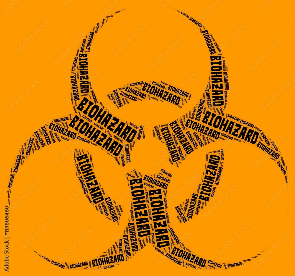 Biohazard symbol word cloud. Black word cloud over orange background
