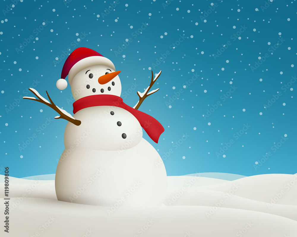 Vector Illustration of a Christmas Landscape with Snowman