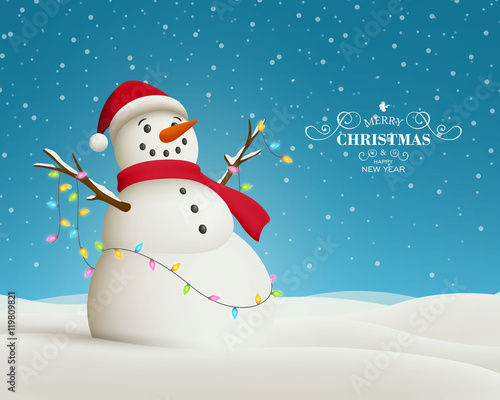 Fototapeta Vector Illustration of a Christmas Greeting Card with Snowman