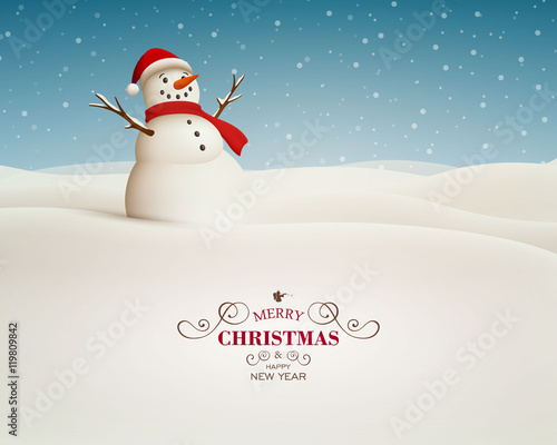 Vector Illustration of a Christmas Landscape with Snowman