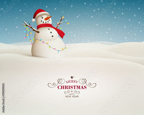 Vector Illustration of a Christmas Landscape with Snowman