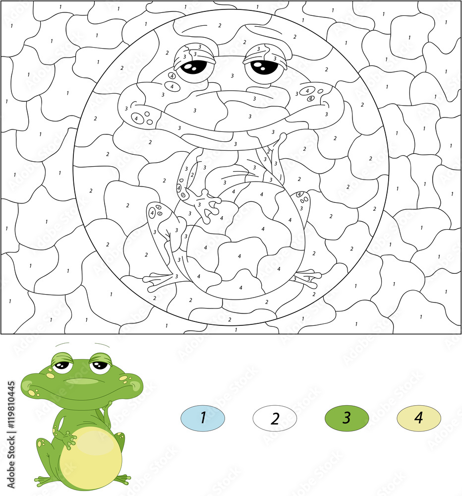 Cartoon green frog. Color by number educational game for kids Stock
