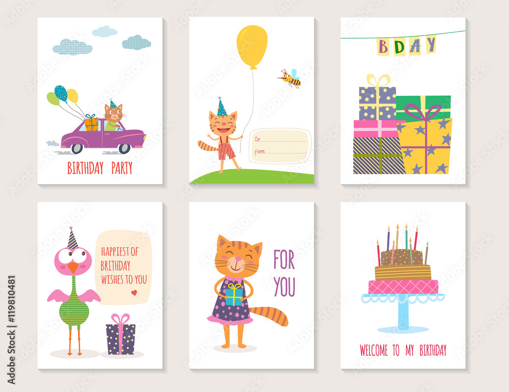 Set of birthday greeting cards design with cartoon animals