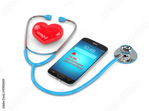 3d rendering of stethoscope, mobile phone and consultation remin photo