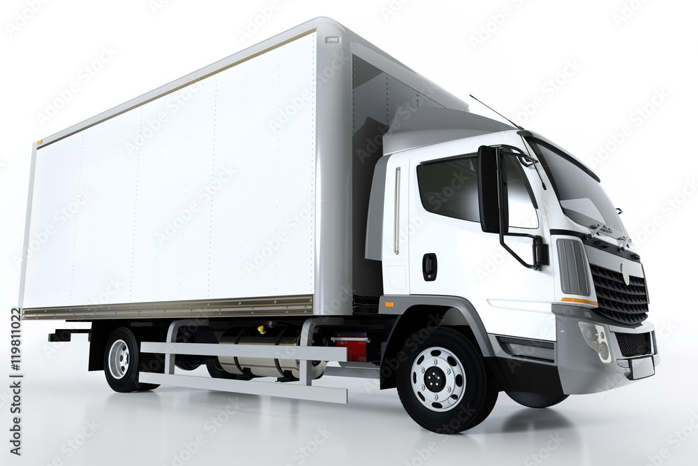 Commercial cargo delivery truck with blank white trailer. Generic, brandless design. Commercial cargo delivery truck with blank white trailer. Generic, brandless design.
