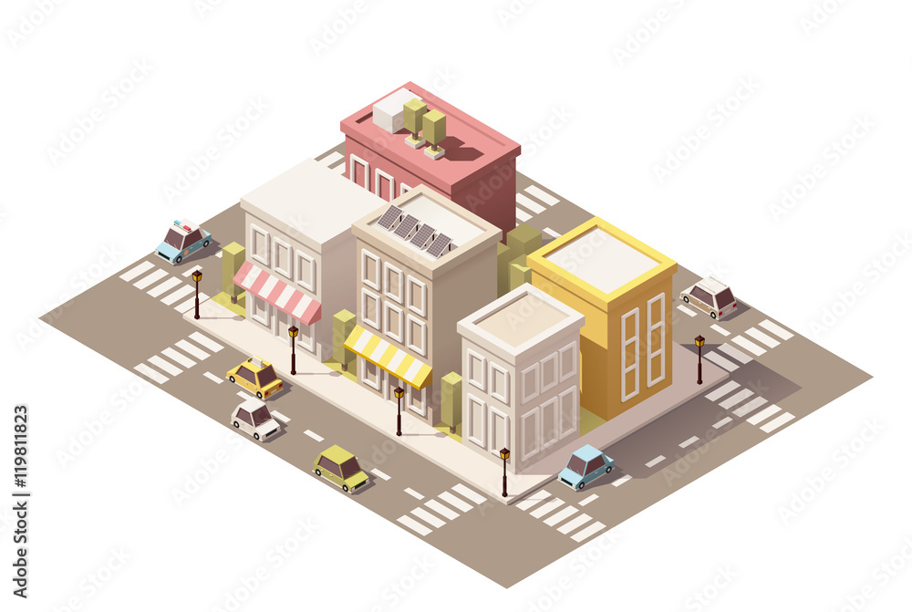 Vector isometric low poly town street with buildings