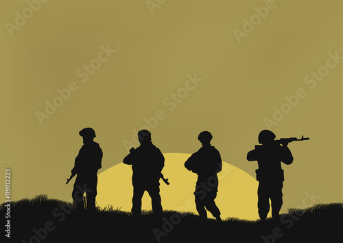 Four soldiers on a background a sun