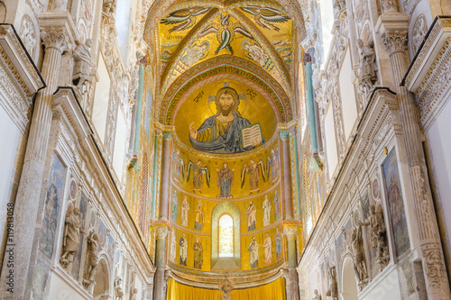 Interior of the Cathedral-Basilica of Cefalu. Mosaic of Christ.