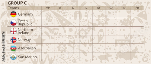 Football world cup 2018 groups. Group C. vector group toss table with chrome rings of participant countries flags buttons. Ornament elements background. Competition table for print, typography, web