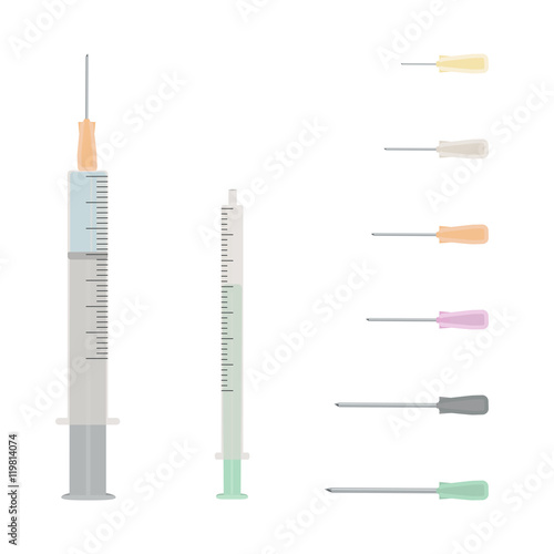 Insulin syringe and syringe with needle. Set of needles for syringe. Vector illustration.