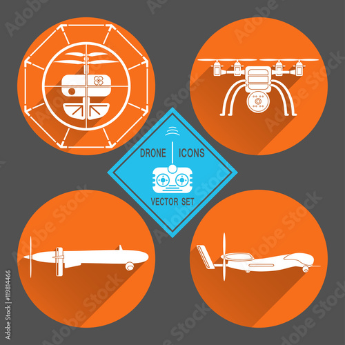 Vector set of isolated icon of drone silhouette with shadow on the dark gray background.