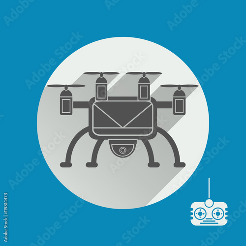 Vector isolated icon of drone silhouette with remote control on the blue background.