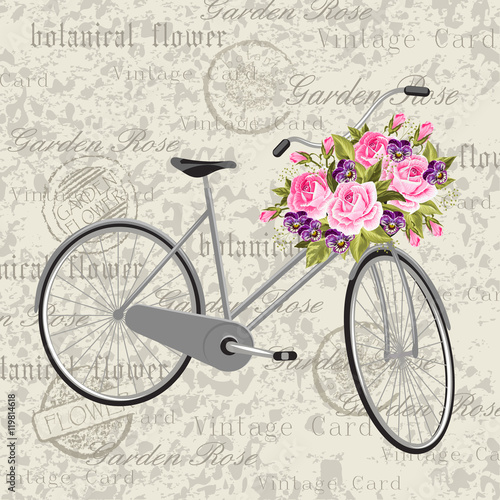 Gray bicycle with a basket full of flowers