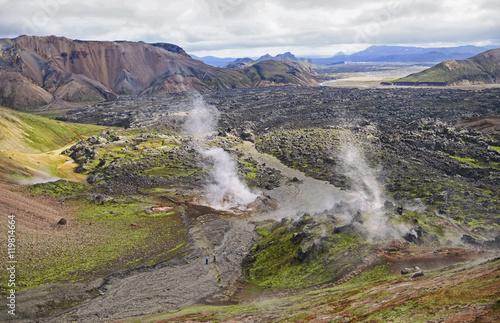 Icelandic landscape - panoramic view on amazing valley National Park Landmannalaugar .Geysers throwing out steam against a volcano cone 