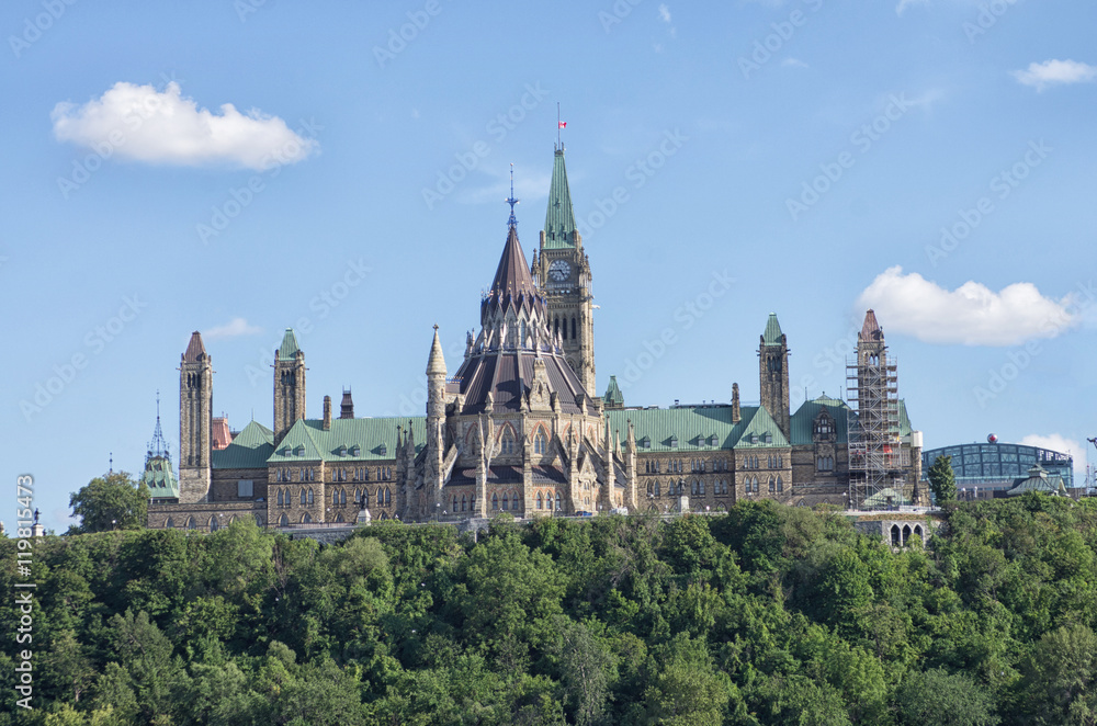 Fototapeta premium Parliament Buildings with flag flies half mast and Library, Ott