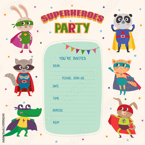 Superheroes. Card invitation with group of cute little animals
