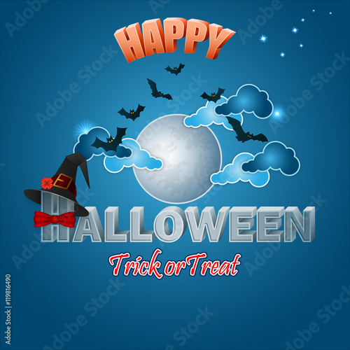 Holiday, background with stylized 3d text, witch's hat and flying bats on full moon backdrop, for Halloween, event celebration