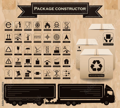 Vector package constructor. Packaging symbols.  Icon set including waste recycling, fragile, flammable, this side up, handle with care, keep dry and others. Vector illustration