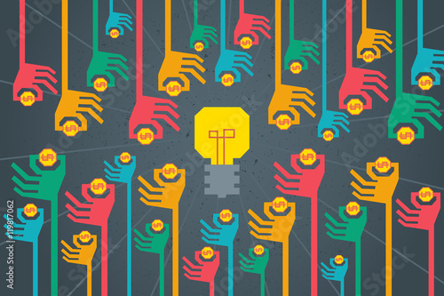 Crowdfunding cocept. Colorful graphic of many hands in poly shape around light bulb to give their fund to support good idea.