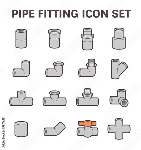 PVC or plastic pipe fitting vector icon. Include straight, nipple, reducer, elbow, tee, valve. For connection many size of tube pipe in pipeline for plumbing, drainage system, sewage and water supply.