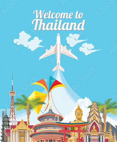 Welcome to Thailand. Travel Thailand landmarks. Thai vector icons. Vacations poster with thai ethnic elements