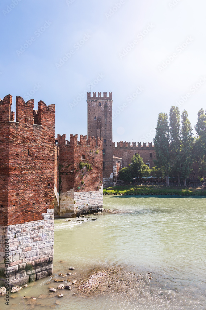Verona, Italy. Scenery with Adige River and Ponte Scaligero and Castelvecchio