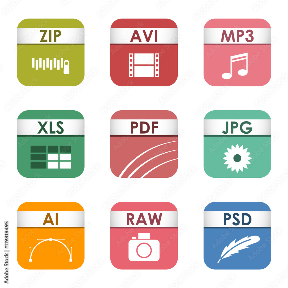 Simple vector square file types and formats labels icon set. File type format icons presentation document symbol. Audio extension file type icons graphic multimedia sign application software folder.