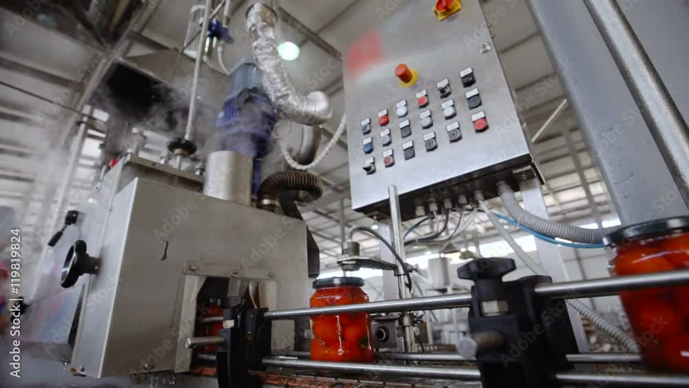 Automatic Line for Processing of Vegetables.Workers on the Production of Canned Food.Preserving tomatoes. Heat Treatment Of Cans Automatic Line for Processing of Vegetables.Workers on the Production of Canned Food.Preserving tomatoes. Heat Treatment Of Cans