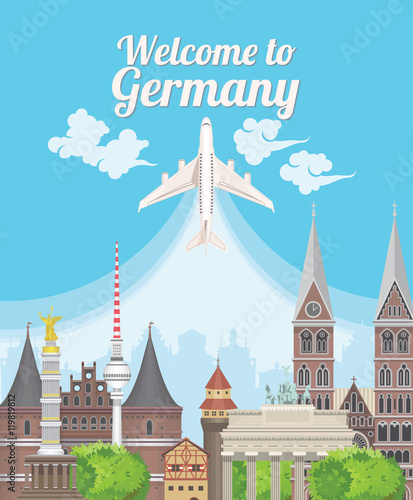 Welcome to Germany. Travel German landmarks. German vector icons. Trip architecture concept. Touristic background with landmarks, castles, monuments, german cuisine, beer, sausage, pretzel.
