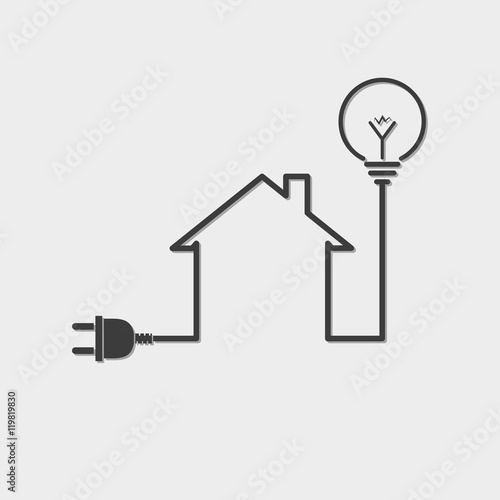Black house with wire plug and light bulb - vector illustration