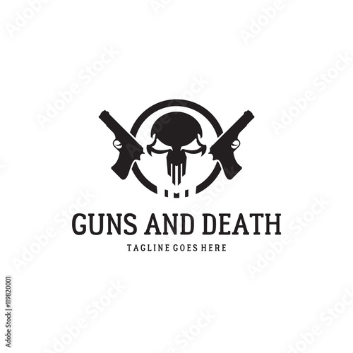 Two guns and skull. Skull logo. Warrior logo. 