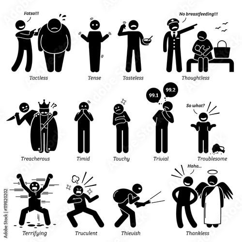 Negative Personalities Character Traits. Stick Figures Man Icons. Starting with the Alphabet T.