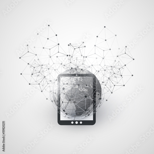 Abstract Cloud Computing and Global Network Connections Concept Design with Earth Globe, Digital Tablet, Wireless Mobile Device, Transparent Geometric Mesh
