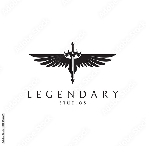 Legendary logo. Angel sword logotype. Sword with a wings. 