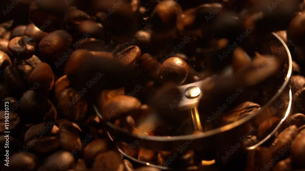 Blender Grinding Coffee Beans in Slow Motion Macro