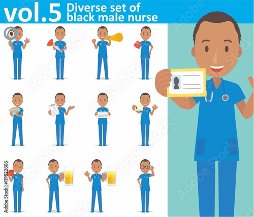 Diverse set of black male nurse on white background vol.5