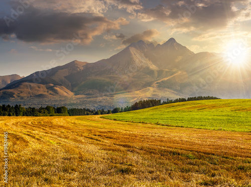 rural field in Tatra mountains  at sunset