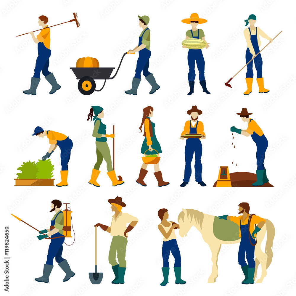 Fototapeta premium Farmers At Work Flat Icons Set 