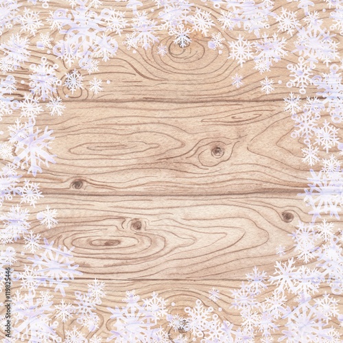 Wood texture with snowflakes 2. Background for design. Watercolor handmade drawing.