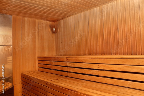 Finnish wooden sauna interior with nobody