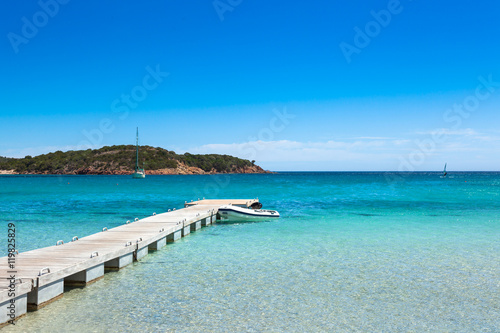 Pontoon in the turquoise water of Rondinara beach in Corsica I