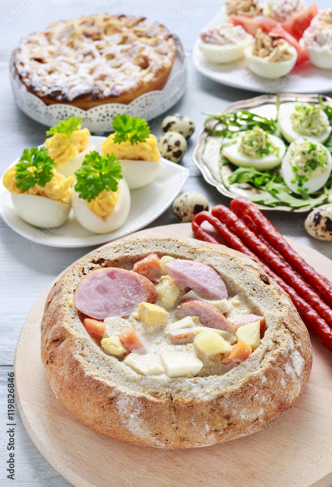 The sour rye soup inside loaf of bread The sour rye soup inside loaf of bread