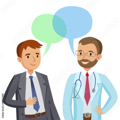 Doctor and patient. Man talking to physician. Vector