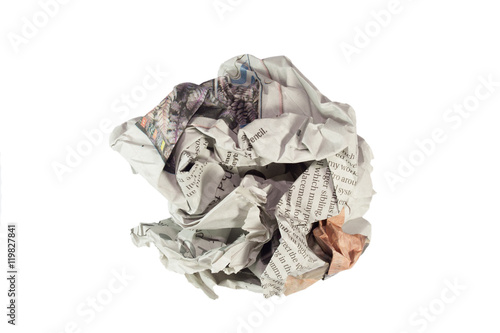 Crumpled newspaper isolated on white background