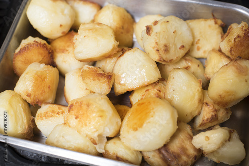 roasting tin of fresh roast potatoes