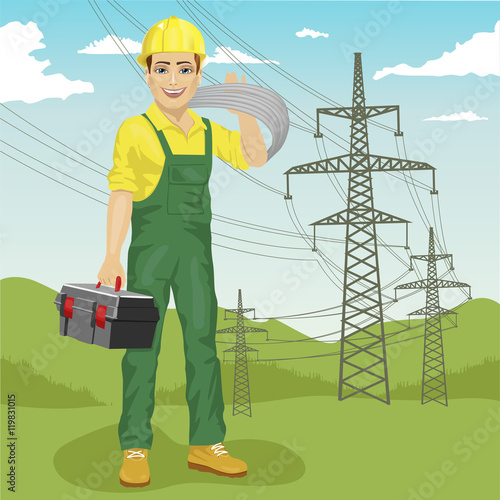 electrician man standing near high voltage power lines in summer
