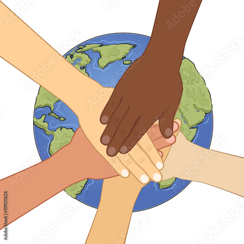 group of multiracial human hands together over earth